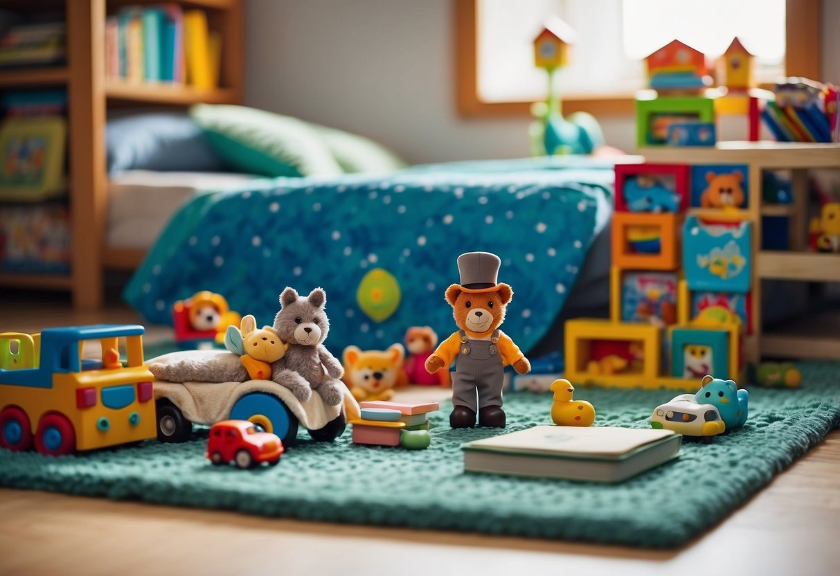 A toy-filled room with a neatly made bed, a stack of children's books, and a colorful play mat on the floor