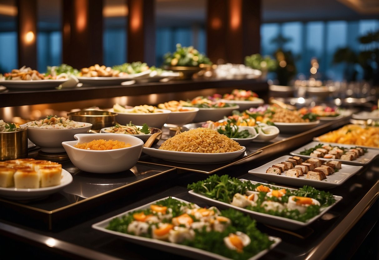 A lavish buffet spread at Mandarin Oriental, Singapore, featuring exclusive credit card promotions. Rich, delectable dishes displayed in a luxurious setting