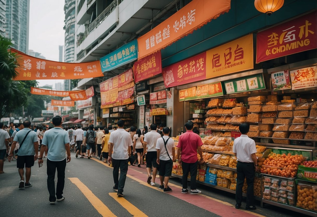 A bustling street in Singapore with colorful banners and signs promoting LPG products. The scene is vibrant and energetic, with a mix of modern and traditional architecture