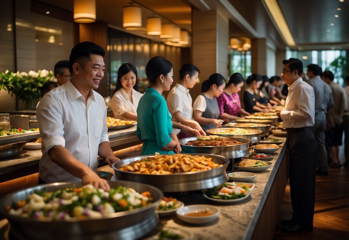 Customers eagerly line up at the Mandarin Oriental buffet in Singapore, drawn by the enticing promotions. The colorful spread of dishes and the bustling atmosphere create a lively and inviting scene
