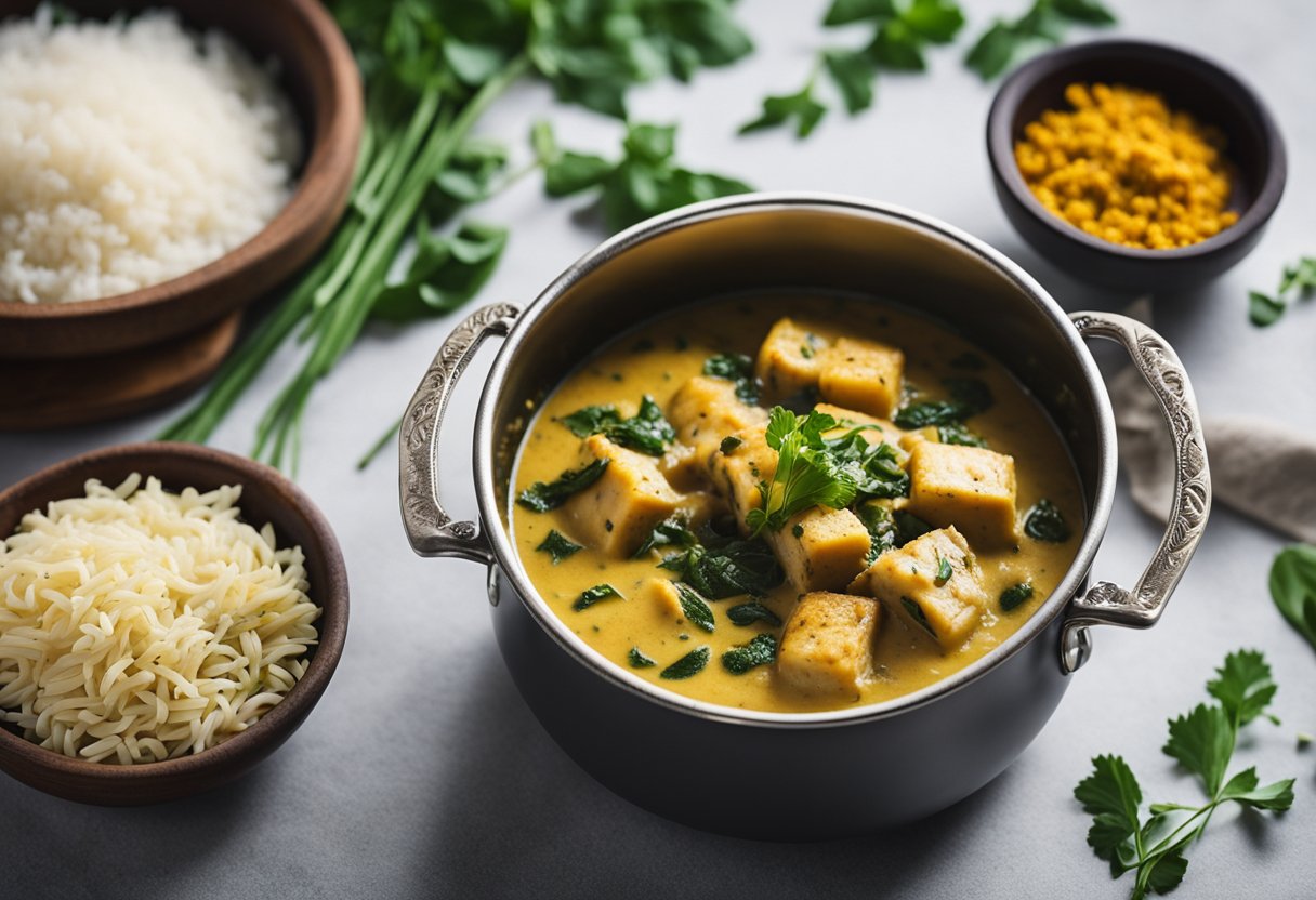 A pot simmering with creamy fish methi malai, surrounded by aromatic spices and fresh fenugreek leaves