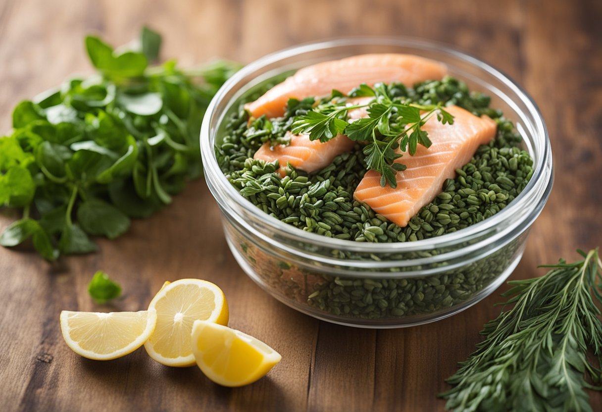 A bowl of fresh fish, a bunch of fenugreek leaves, and a container of cream sit on a kitchen counter