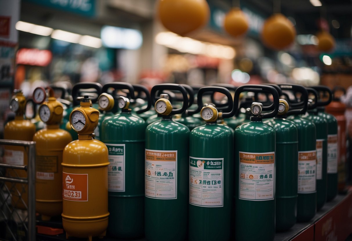 A display of LPG cylinders with promotional banners and signage in a busy Singaporean marketplace