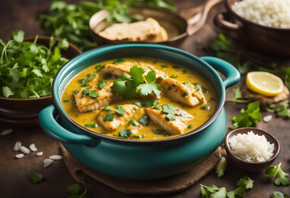 A pot of fish simmering in creamy methi malai sauce, garnished with fresh cilantro, served with steamed rice and naan bread