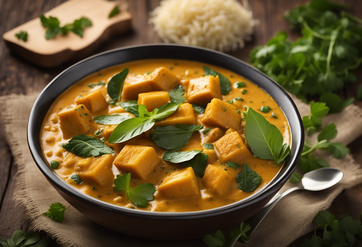 A bowl of fish curry with fenugreek leaves in a creamy sauce, surrounded by question marks