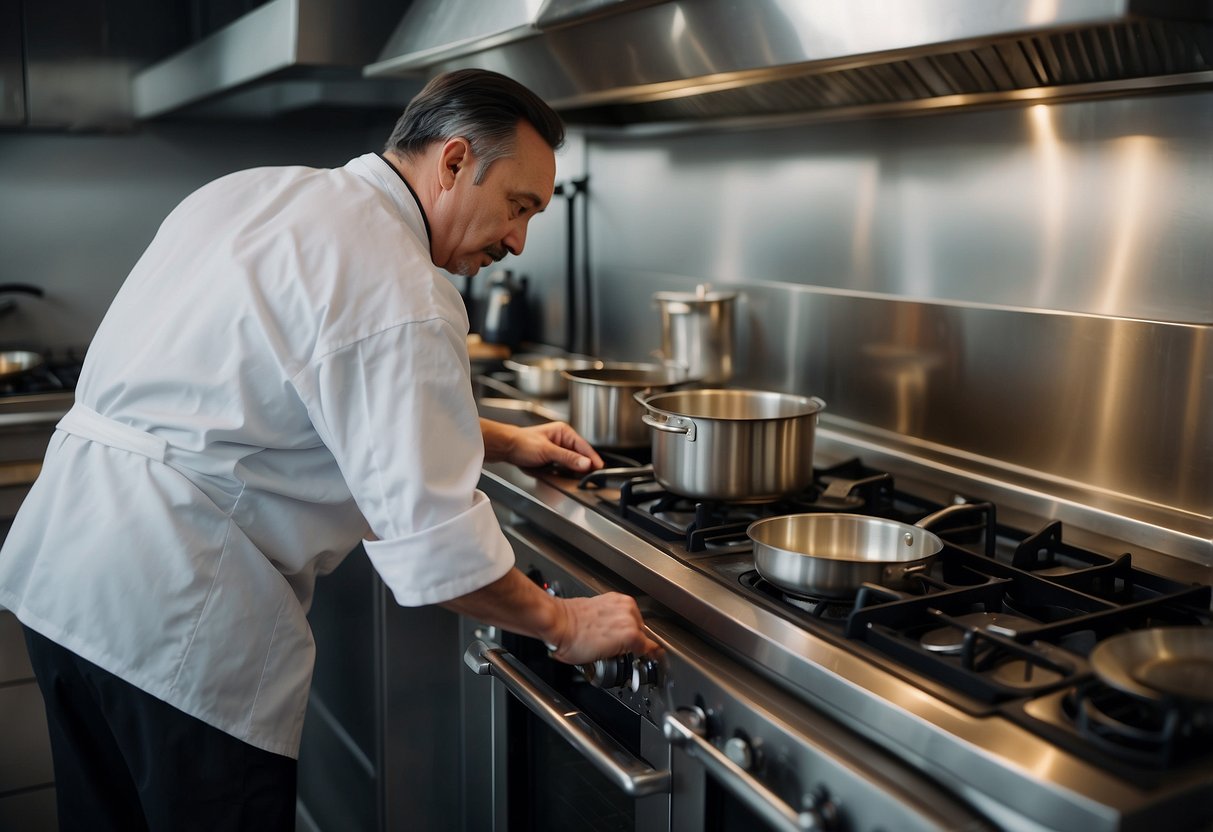 A chef effortlessly cooks on a sleek gas stove, surrounded by modern kitchen appliances and a seamless LPG gas experience