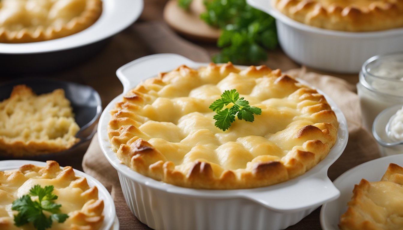 A golden-brown fish pie emerges from the oven, steam rising from the flaky crust. A medley of fish and creamy sauce peek out from under the pastry lid