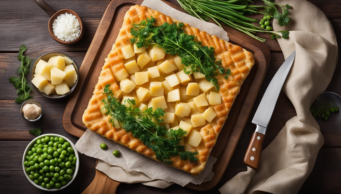 A table with a cutting board, knife, and ingredients like fish, potatoes, carrots, and peas for a fish pie recipe