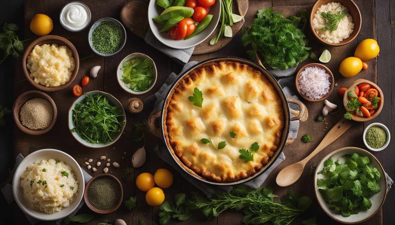 A steaming fish pie sits on a rustic wooden table, surrounded by colorful bowls of fresh ingredients and a sprinkle of herbs