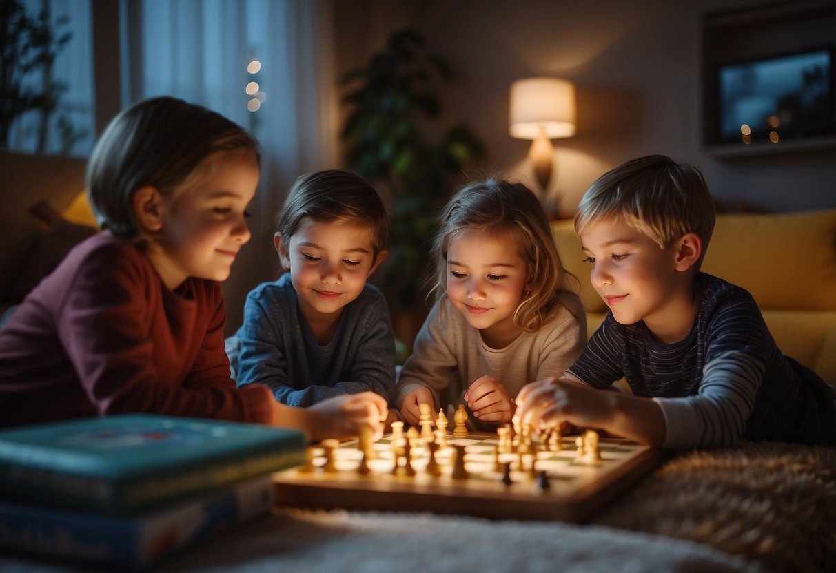 Children playing board games and reading books in a cozy living room with soft lighting and a warm atmosphere