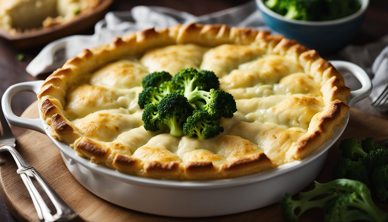 A fish pie sits on a table, topped with golden pastry. Steam rises from the creamy filling, studded with chunks of flaky fish and vibrant green broccoli