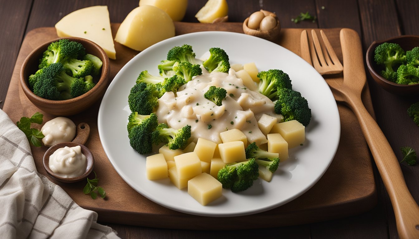 A cutting board with diced fish, chopped broccoli, and peeled potatoes, surrounded by scattered flour and a bowl of creamy sauce