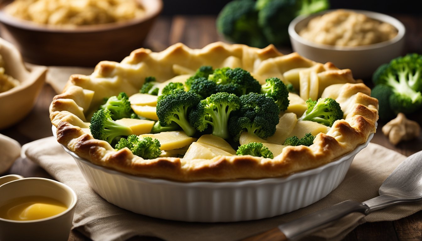 Ingredients mixed in bowl, poured into pie crust. Broccoli and fish arranged on top. Pie baked in oven until golden brown