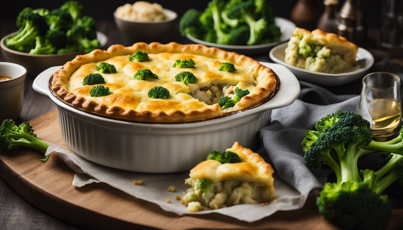 A steaming fish pie topped with golden pastry, surrounded by vibrant green broccoli florets
