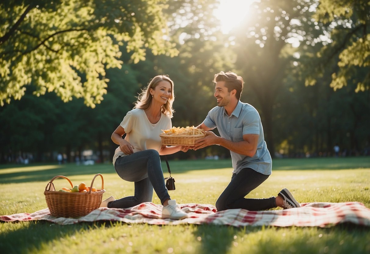 Friends playing frisbee in a park, laughing and running. Picnic blanket with snacks and drinks nearby. Sunshine and trees in the background