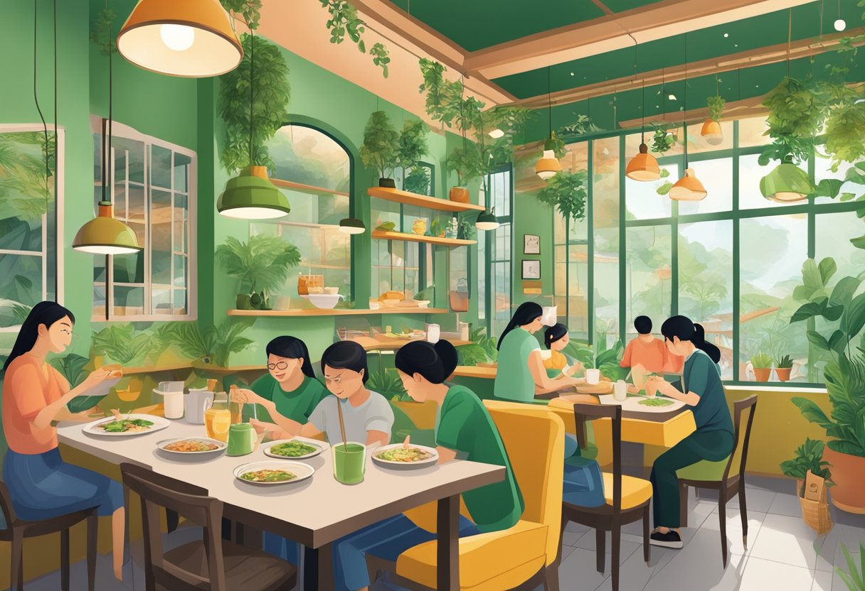 A cozy green house-themed corner in a bustling restaurant, with steaming bowls of prawn mee being served to delighted customers