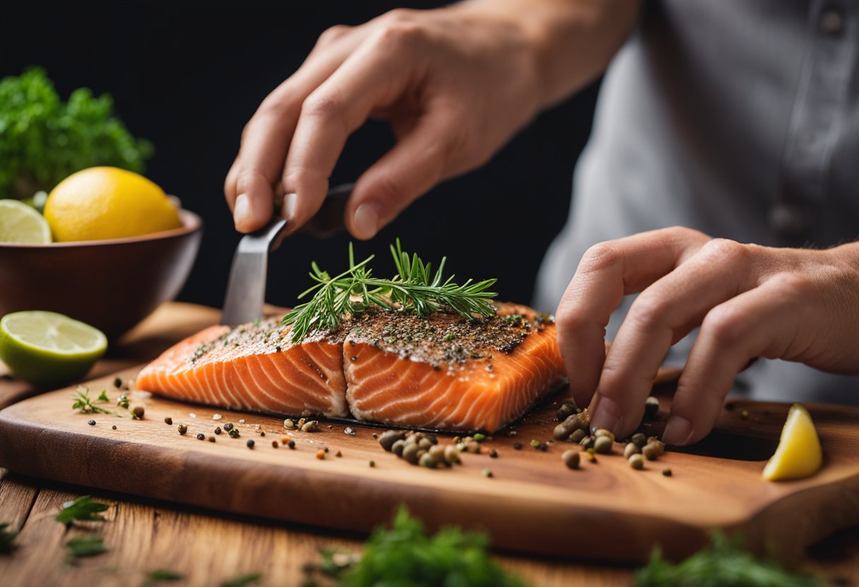 Salmon fillet being rubbed with fish seasoning and herbs on a wooden cutting board