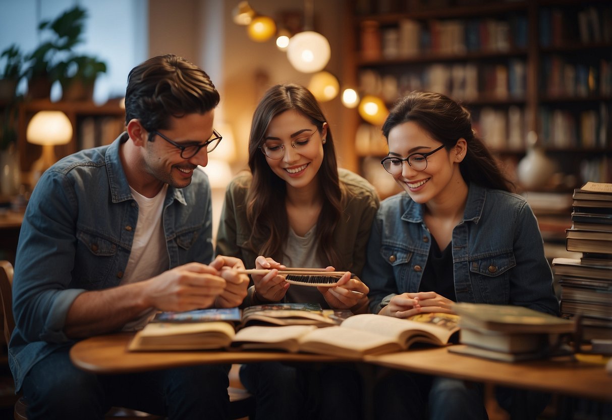 Friends engage in arts, culture, and learning activities together, surrounded by books, art supplies, and musical instruments in a vibrant and cozy setting