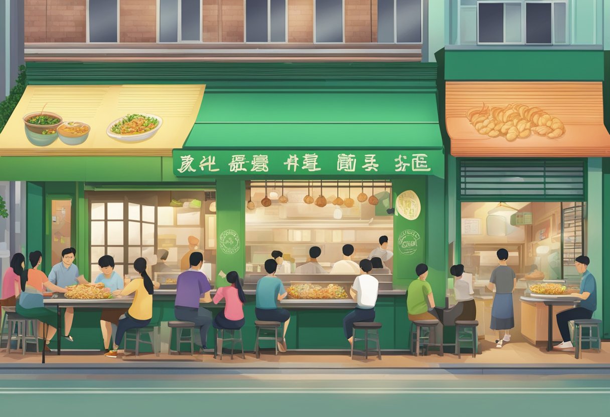 A bustling green house prawn mee corner restaurant with customers lining up and steam rising from bowls of noodles