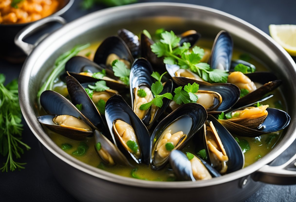 A pot of simmering green mussels in a fragrant Singaporean seafood sauce, surrounded by vibrant herbs and spices