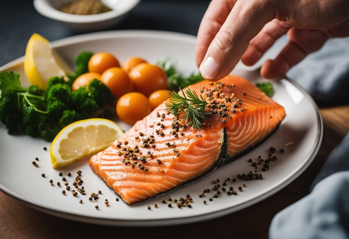 Salmon fillet being rubbed with fish seasoning in a bowl. Ingredients and recipe card nearby