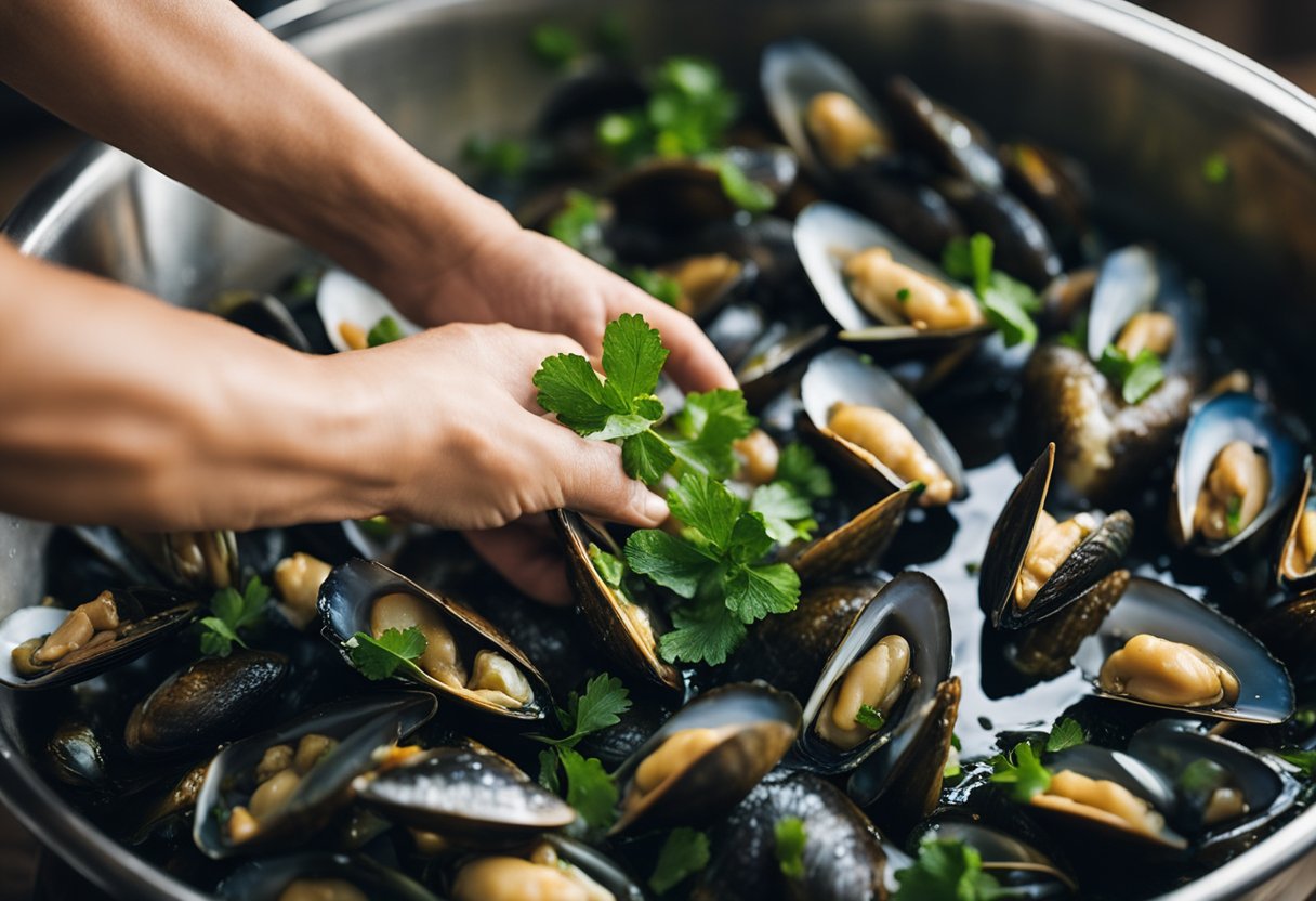 A hand reaches for fresh green mussels, rinsing them under running water before carefully debearding and preparing them for a traditional Singaporean seafood recipe