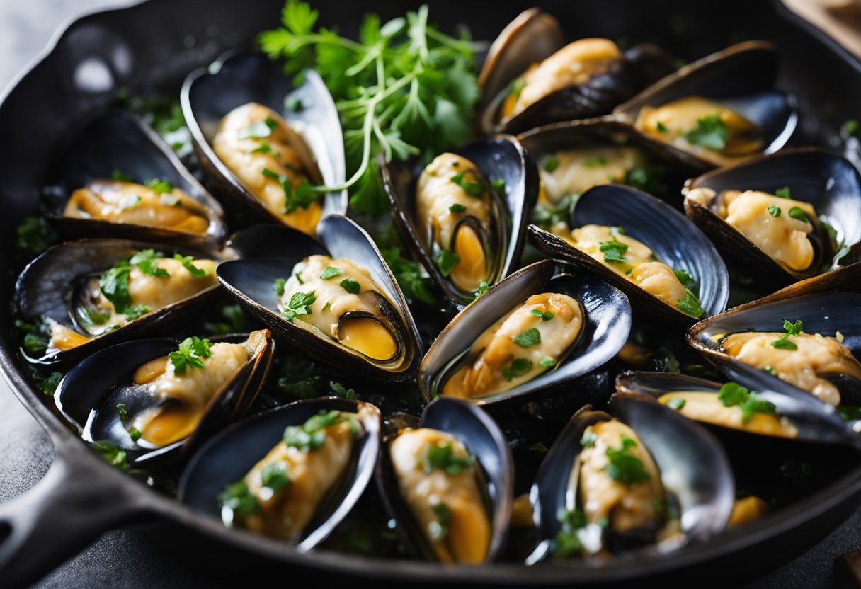 Green mussels sizzling in a hot pan, surrounded by aromatic herbs and spices. A hand reaches for a platter to serve the steaming mussels with a side of tangy dipping sauce