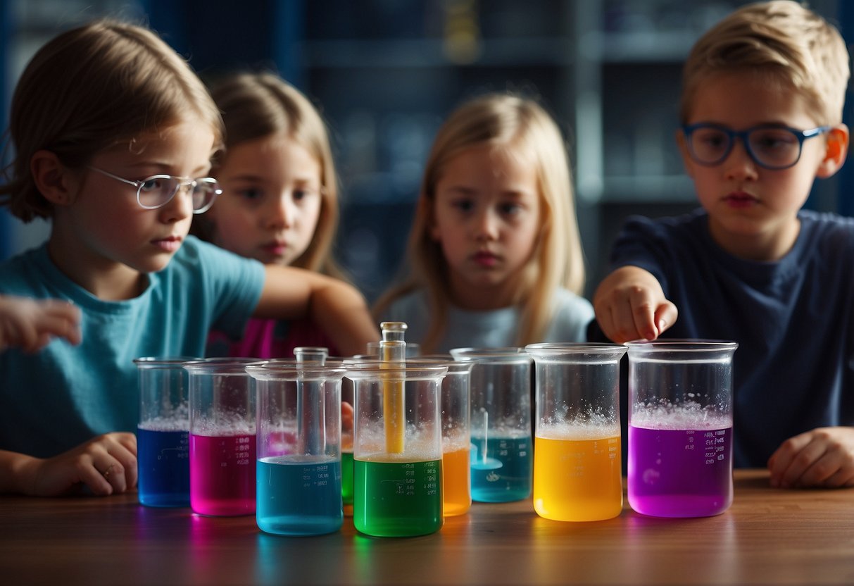 Children observe a bubbling chemical reaction in clear containers, surrounded by colorful beakers, test tubes, and magnifying glasses