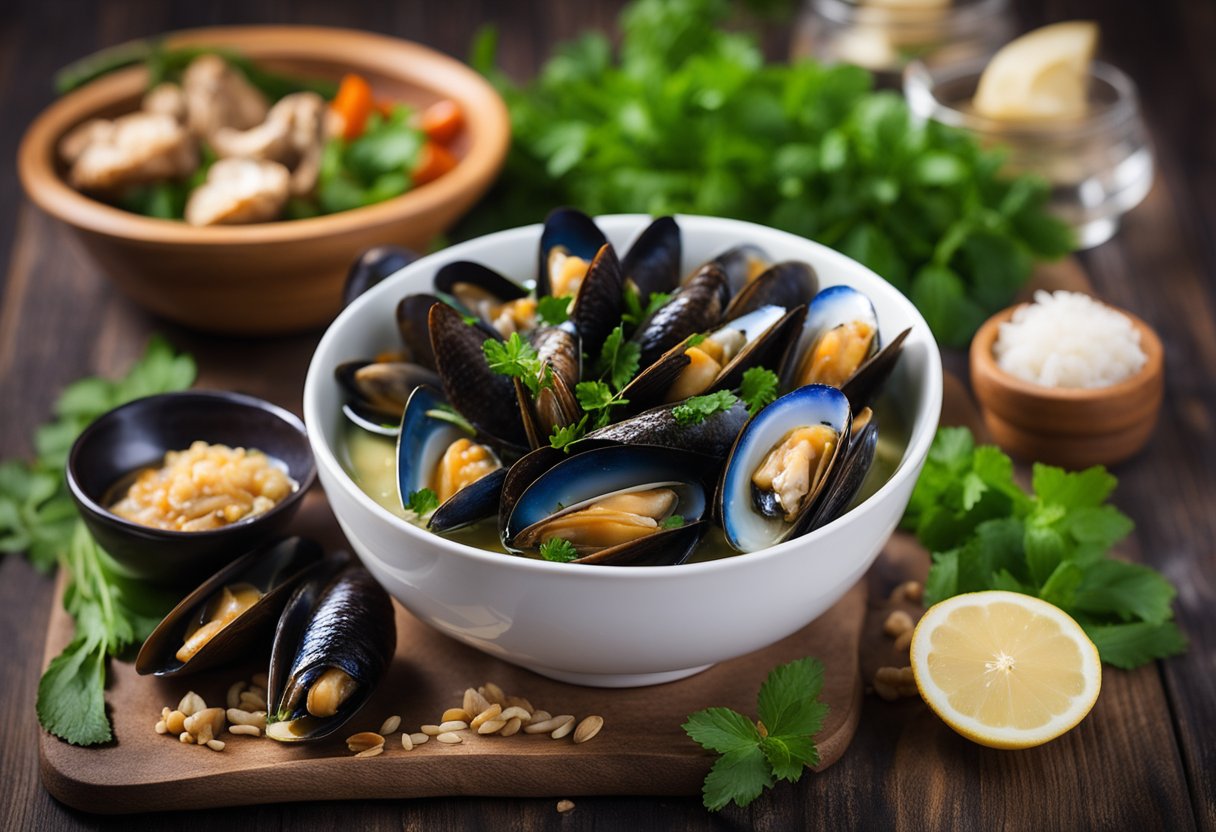 A table with a plate of steamed green mussels in a fragrant seafood broth, accompanied by traditional Singaporean spices and herbs