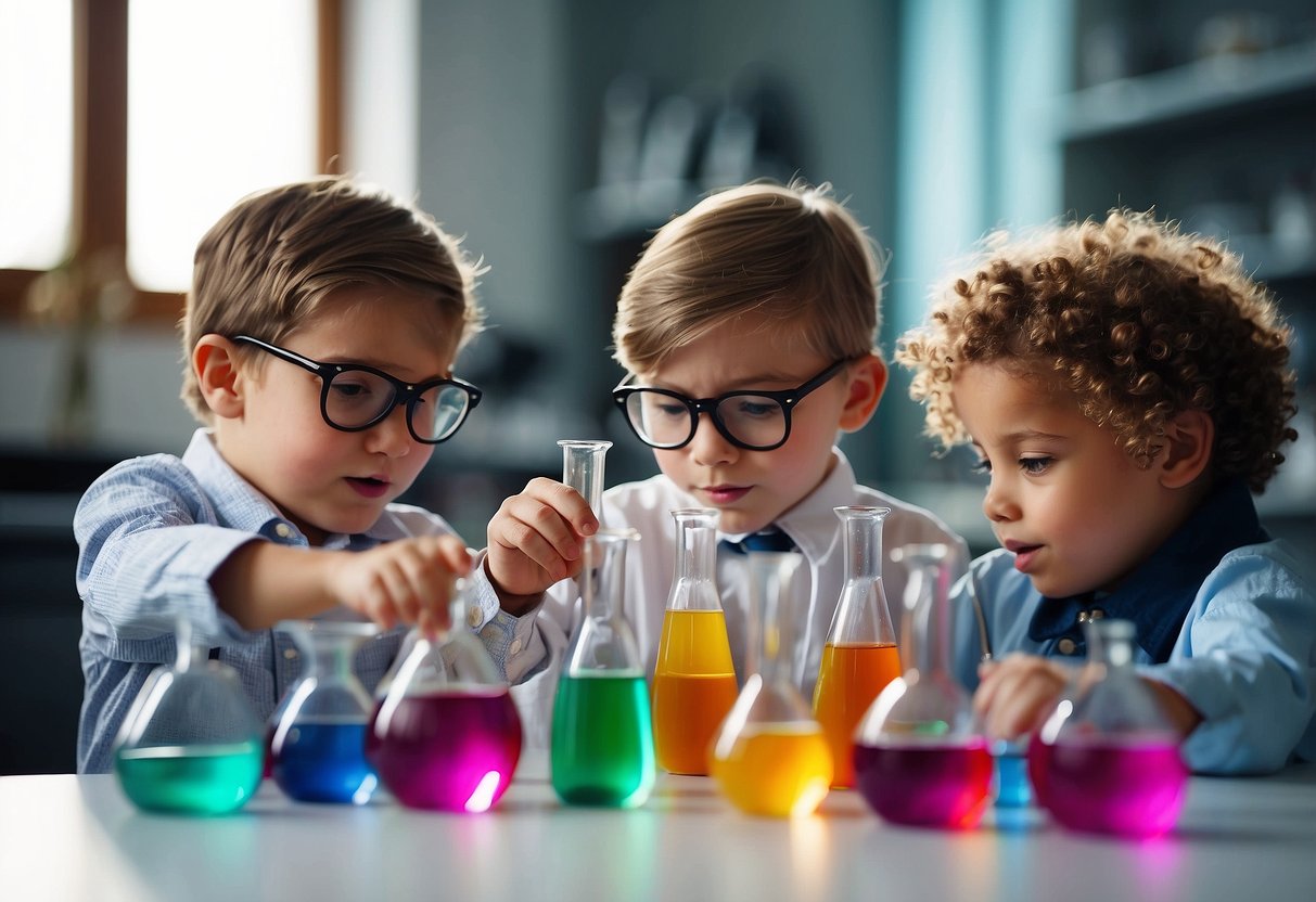 Children mixing colorful liquids in beakers, surrounded by test tubes, magnifying glasses, and various science tools on a table