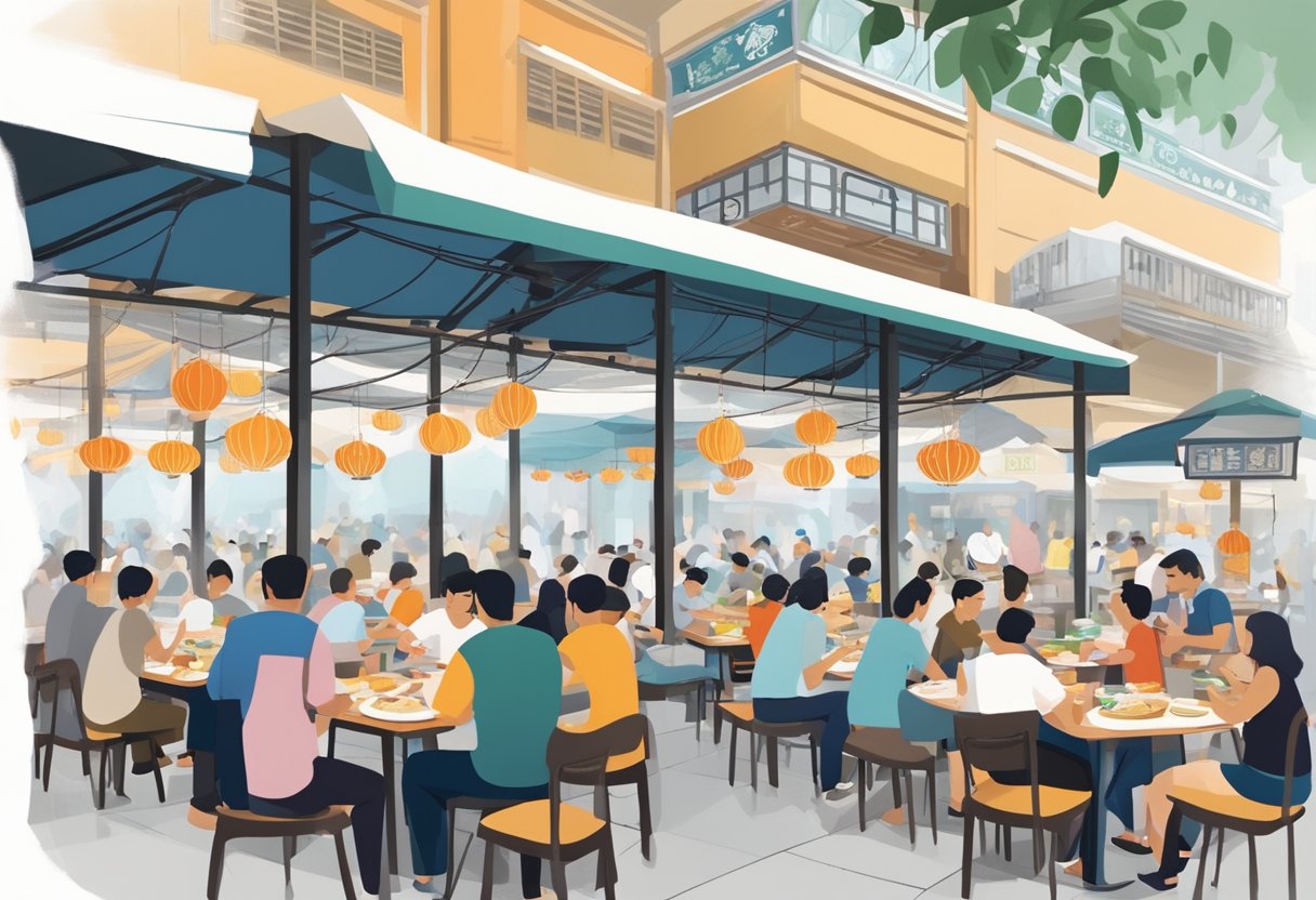 A bustling hawker center in Tanjong Pagar, with steaming bowls of fish soup on every table, surrounded by eager diners and the aroma of fresh seafood