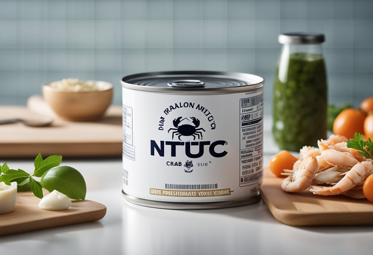 A can of crab meat sits on a clean, white kitchen counter. The label prominently displays the NTUC logo
