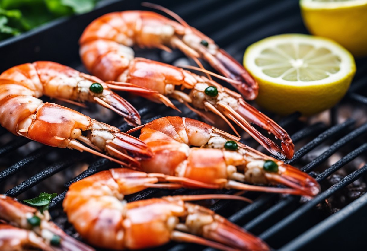 Fresh prawns sizzling on a hot grill, turning pink and aromatic as they cook. Lemon wedges and herbs nearby