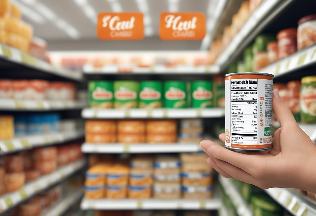A hand reaches for a can of crab meat on a grocery store shelf. The label prominently displays the words "Canned Crab Meat" in bold lettering