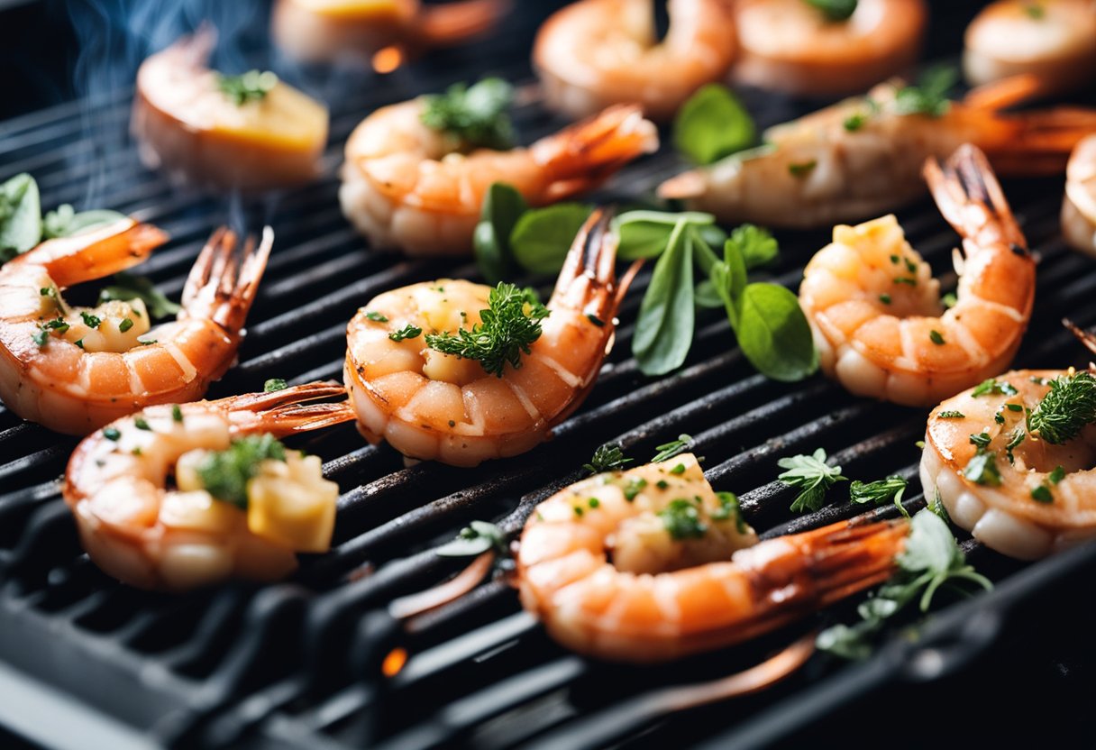 Prawns marinating in spices on a grill, smoke rising, with a lemon wedge and herbs nearby