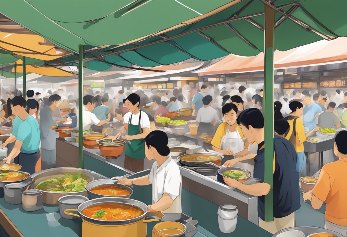 A bustling hawker center in Tanjong Pagar, filled with the aroma of rich, flavorful fish soup simmering in large pots, surrounded by bustling food stalls and eager customers