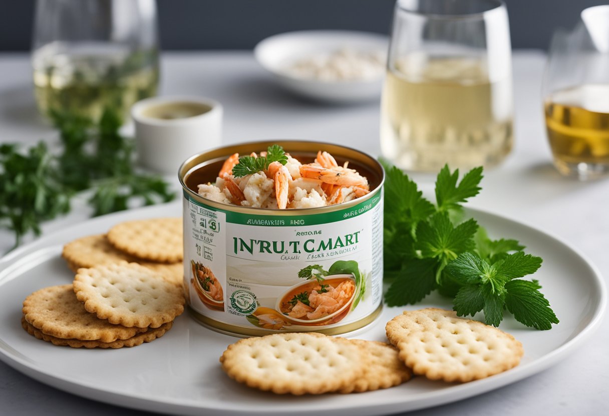 A can of crab meat from NTUC is being opened and mixed with herbs, then paired with crackers and a glass of white wine