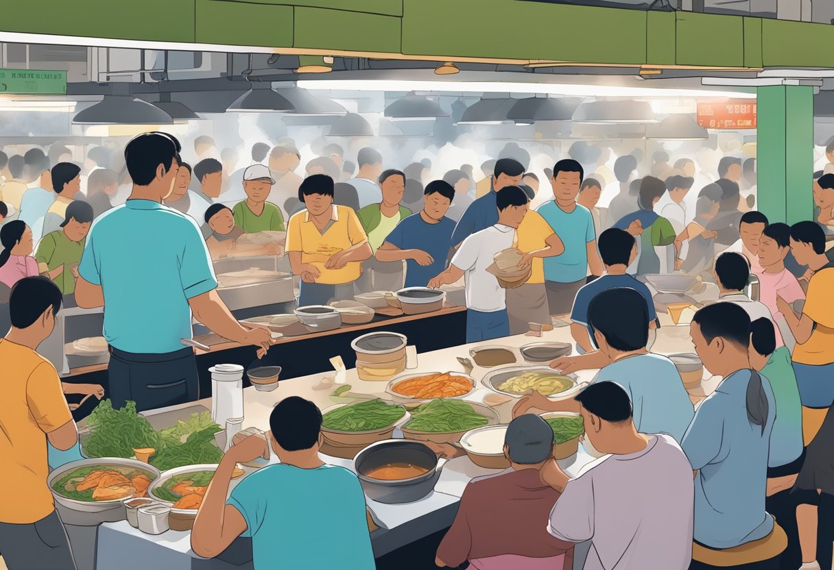 A steaming pot of fish soup surrounded by curious customers at a bustling hawker center in Tanjong Pagar