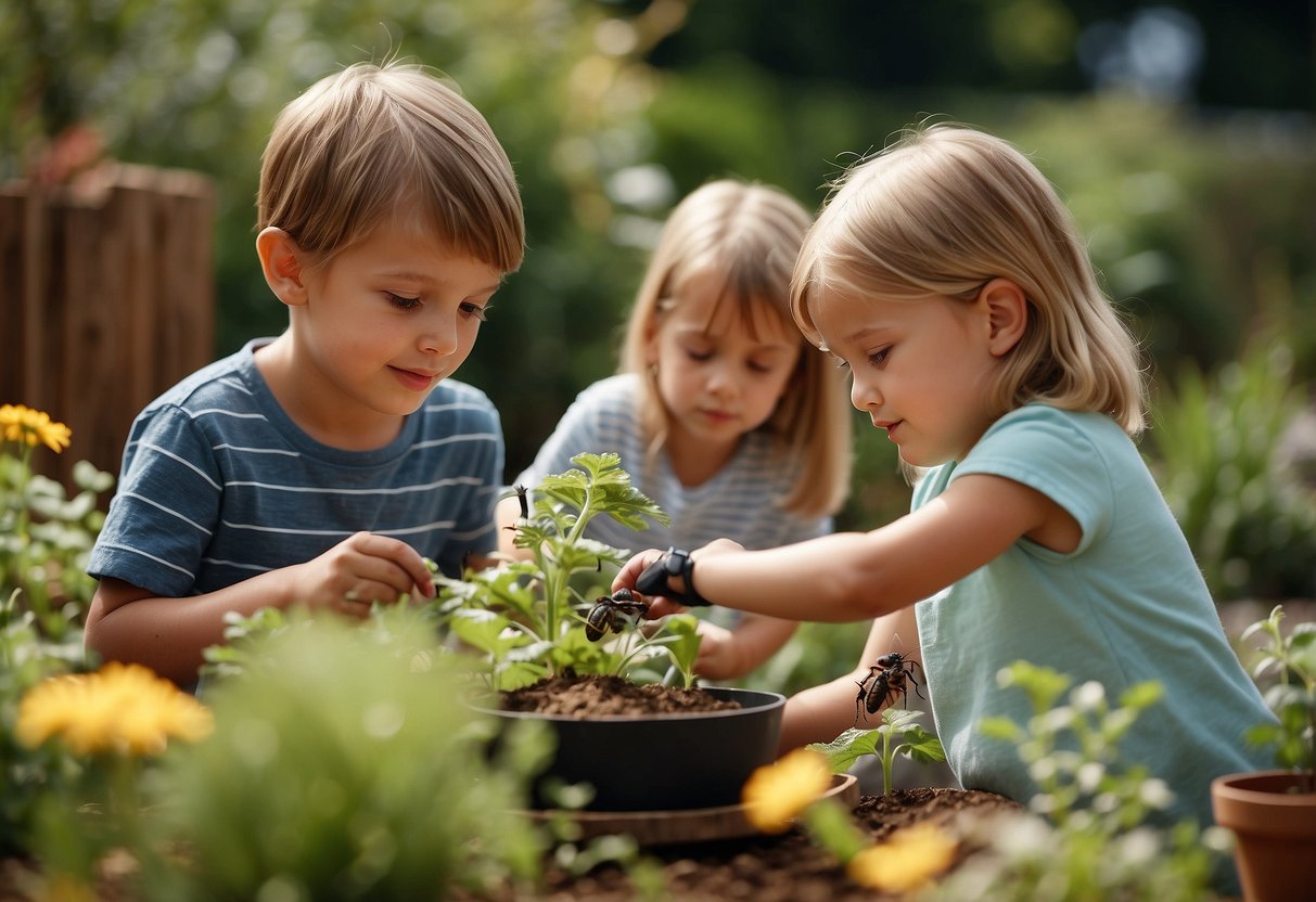 Children exploring a garden, observing plants and insects. Some are planting seeds, while others are using magnifying glasses to examine bugs