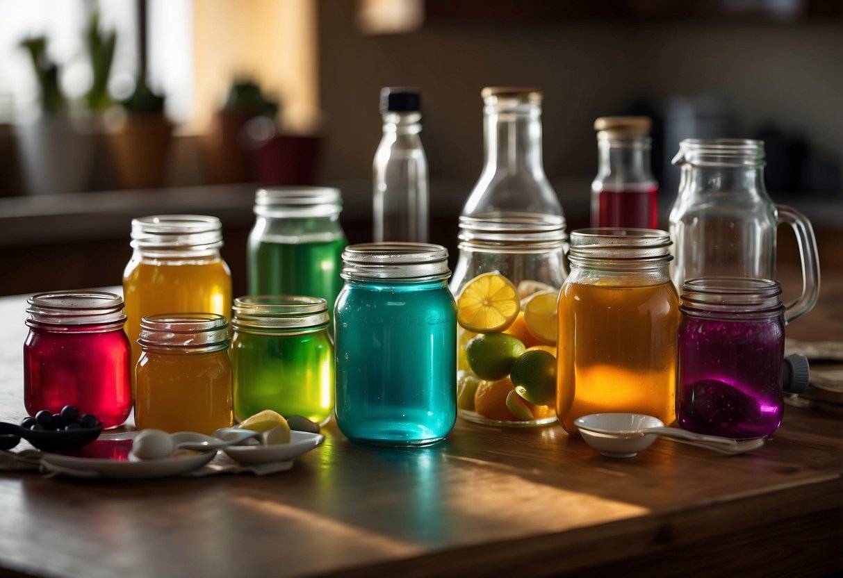 Household items arranged on a table for science activities: jars, water, food coloring, baking soda, vinegar, balloons, and a magnifying glass