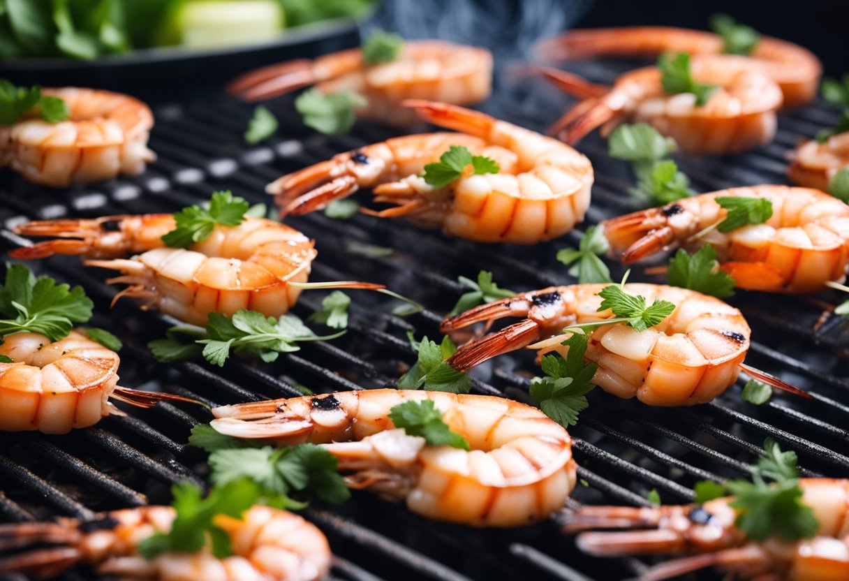 Prawns sizzle on a hot grill, releasing a tantalizing aroma. A chef carefully plates the grilled prawns, garnishing them with fresh herbs and lemon wedges