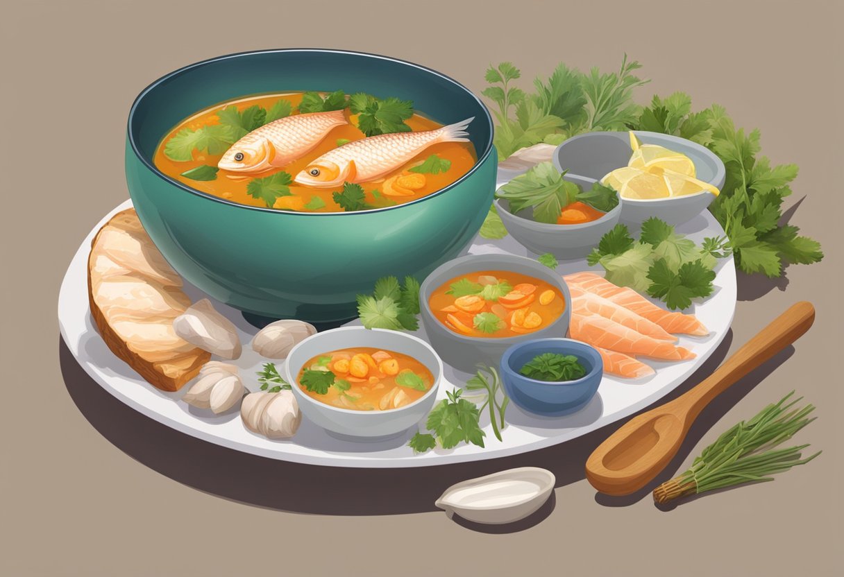 A steaming bowl of fish soup sits on a table, surrounded by condiments and utensils. The soup is filled with fresh fish slices, vegetables, and fragrant herbs, emanating a delicious aroma