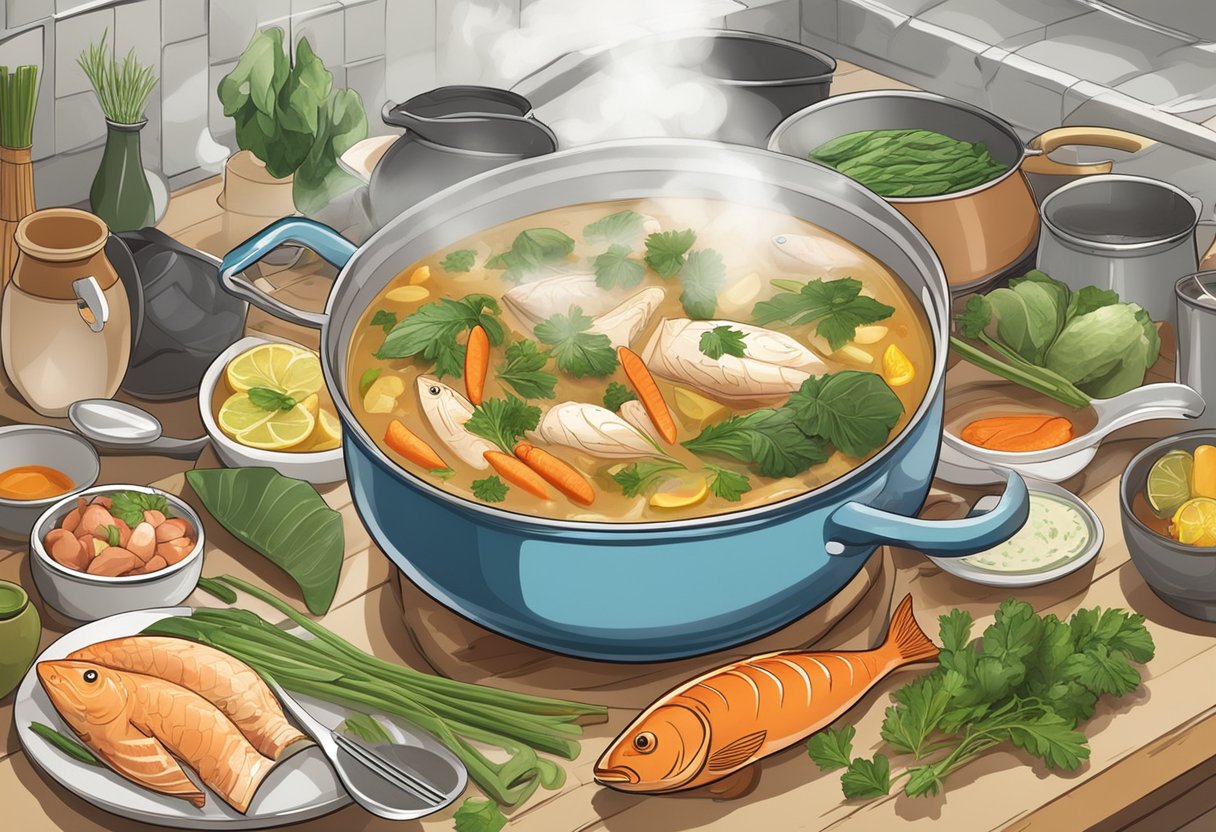 A steaming pot of fish soup surrounded by fresh ingredients and cooking utensils in a bustling kitchen