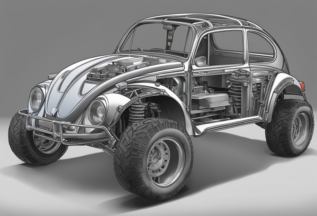 A VW Beetle chassis stripped down. A roll cage welded on. Large off-road tires mounted. Engine modified for more power