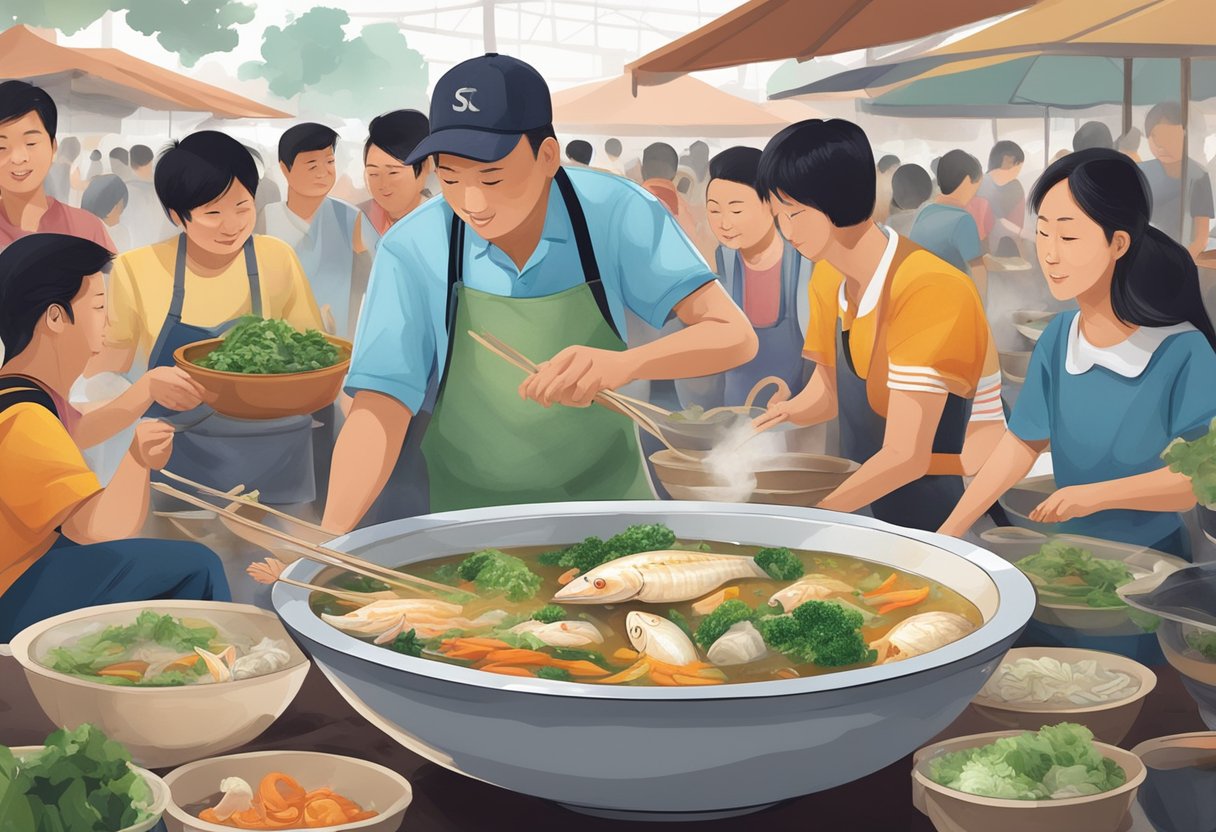 A steaming bowl of fish soup with assorted vegetables and fragrant herbs, surrounded by curious customers at a bustling hawker center in Yishun