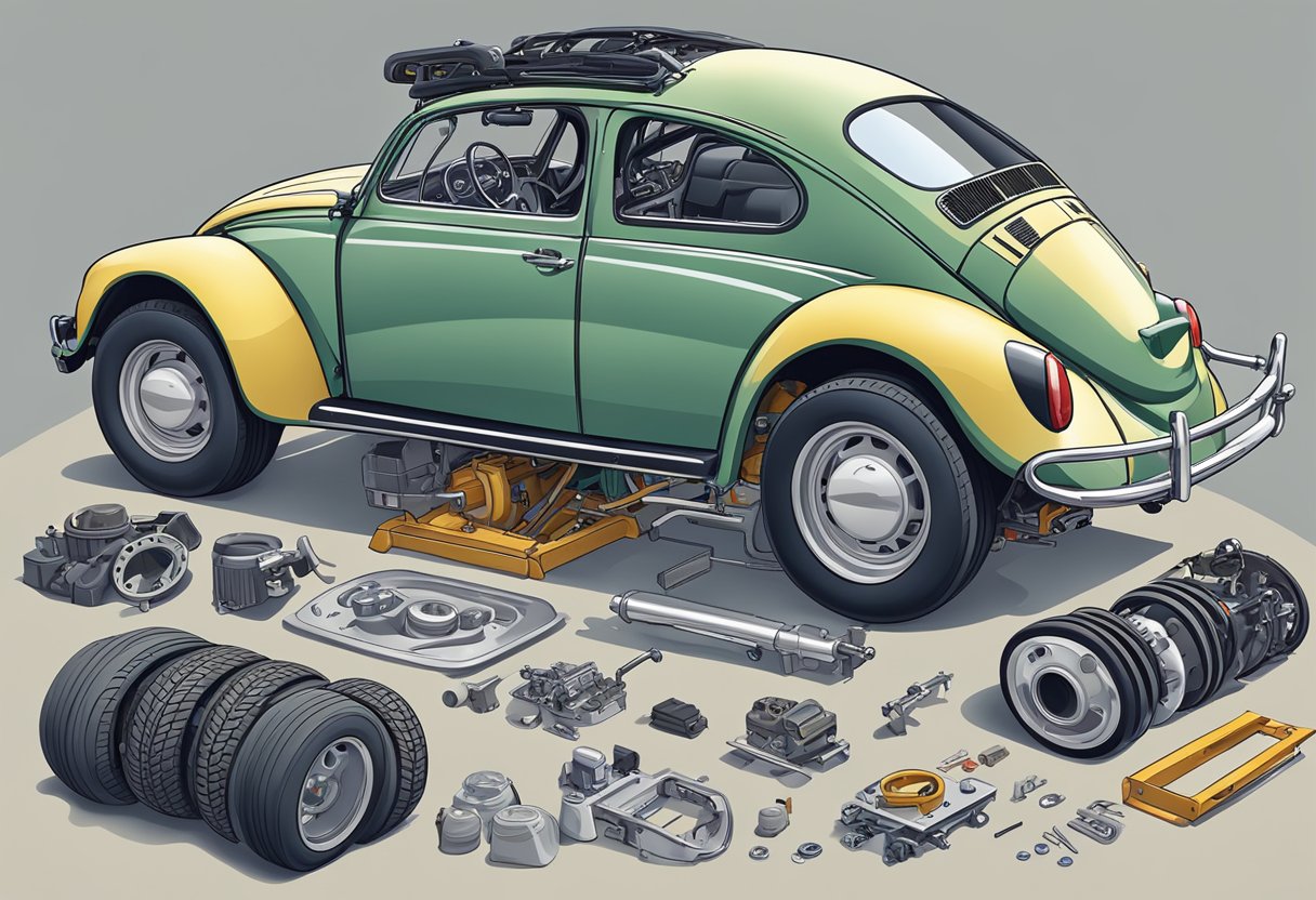 A VW Beetle being disassembled with parts laid out for dune buggy conversion