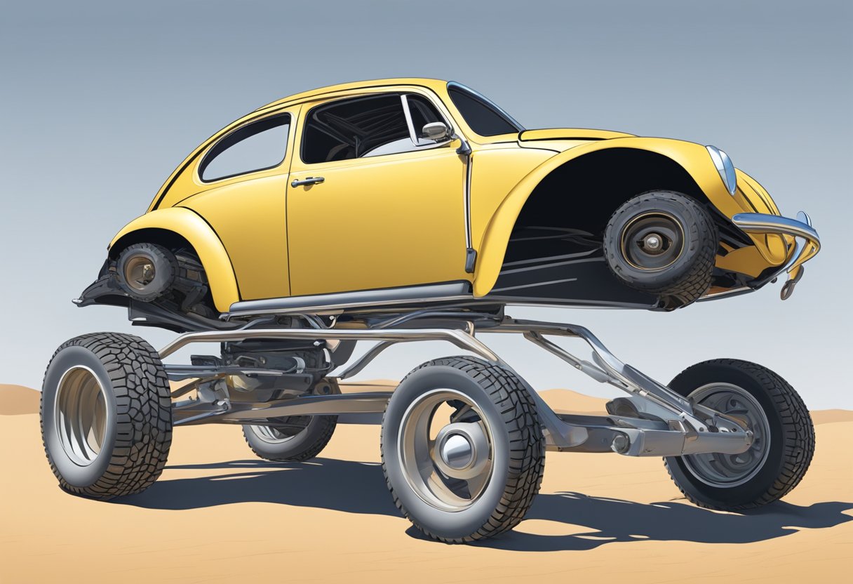 A VW Beetle stripped down, parts scattered. Frame welded, tires mounted. Engine installed, seats bolted. Dune buggy ready for the desert