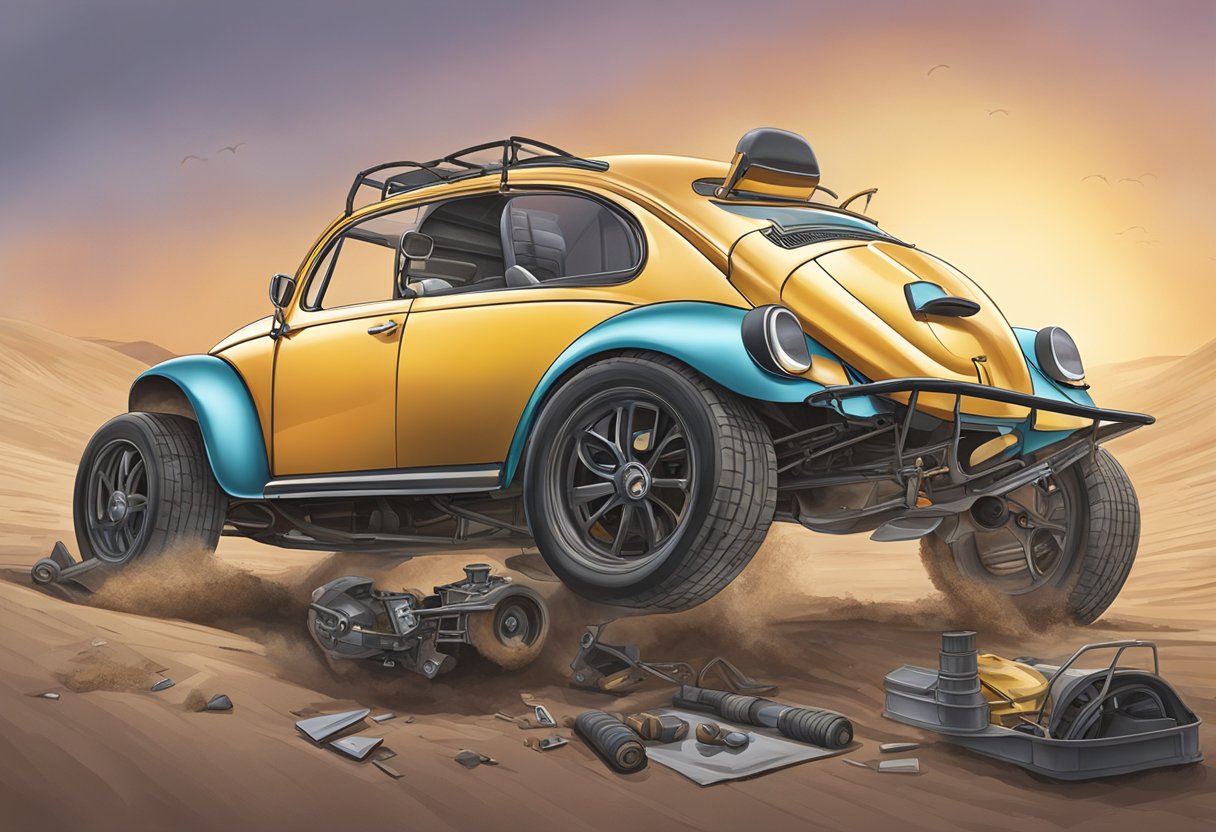 A VW Beetle being taken apart to create a dune buggy