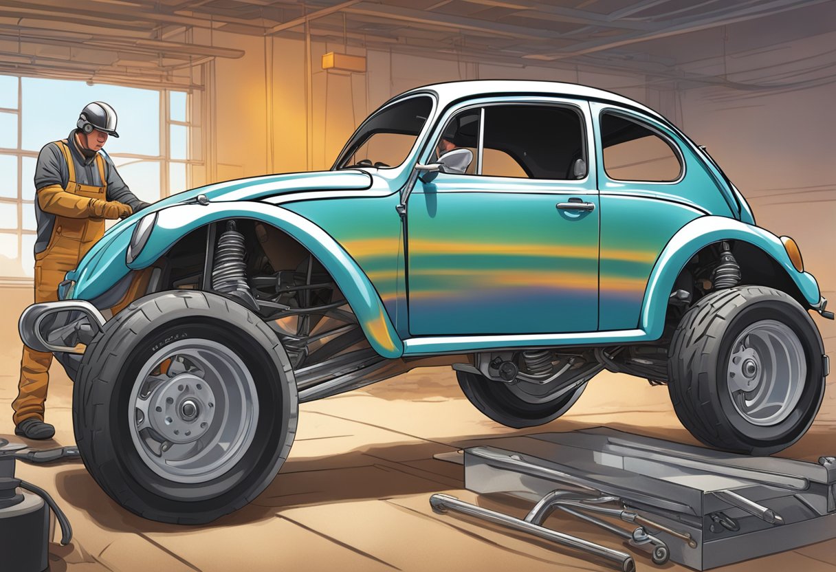 A person welding a roll cage onto a VW beetle to create a dune buggy