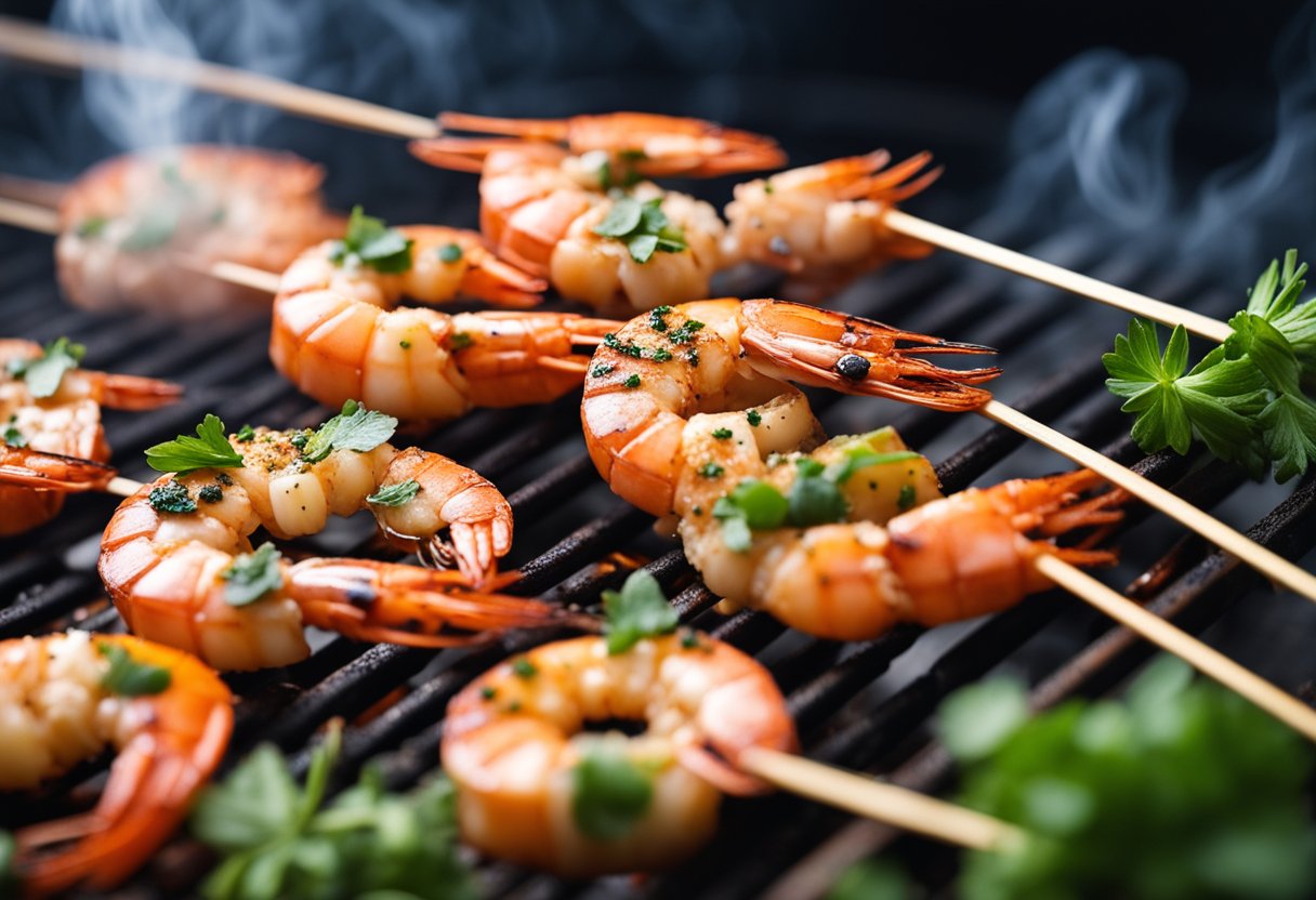 A sizzling prawn skewer cooks on a hot grill, surrounded by aromatic herbs and spices. Smoke rises as the prawns turn pink and succulent